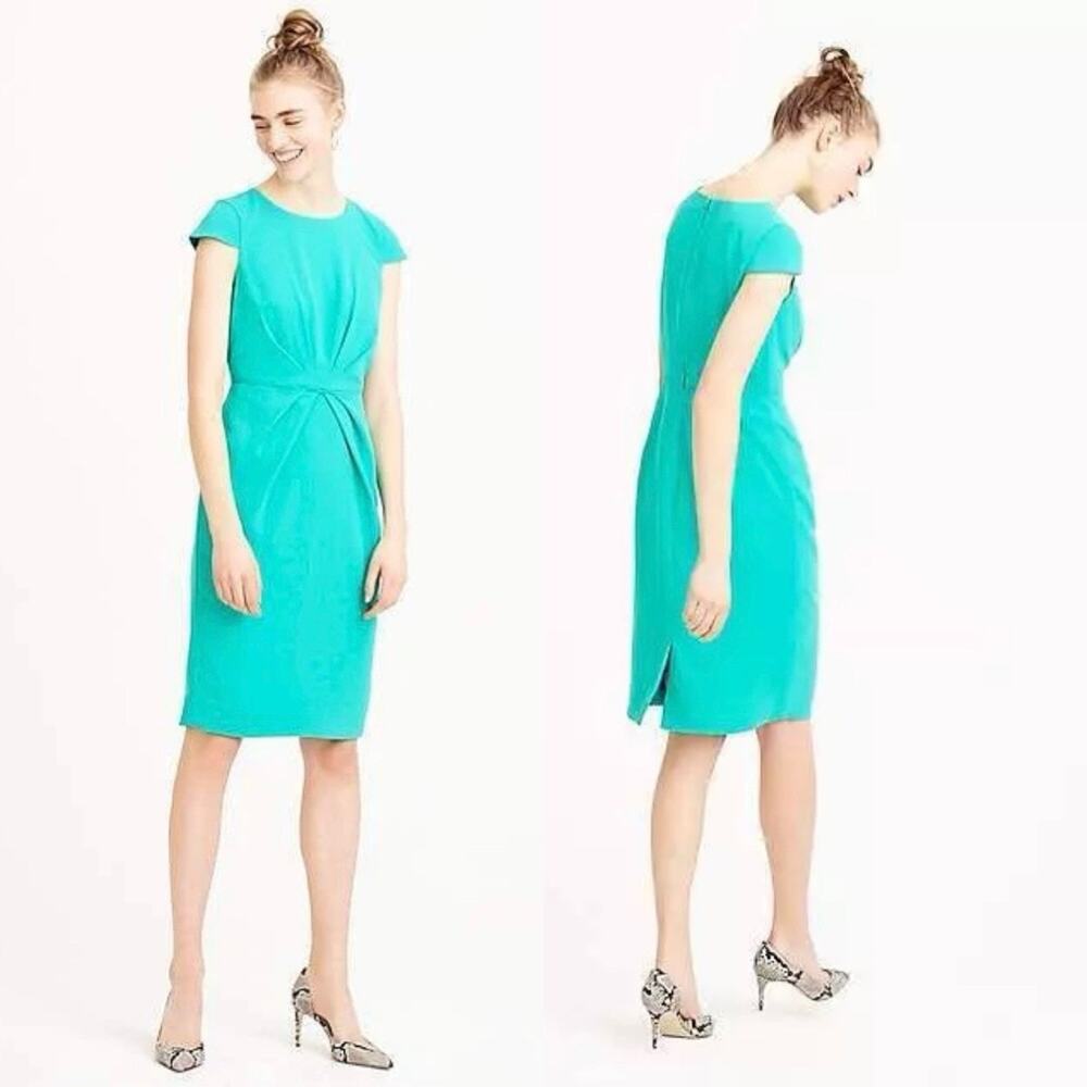 J. Crew Teal Green Pleated Sheath Dress Size 6P Cap Sleeve Modest Business - Picture 2 of 14